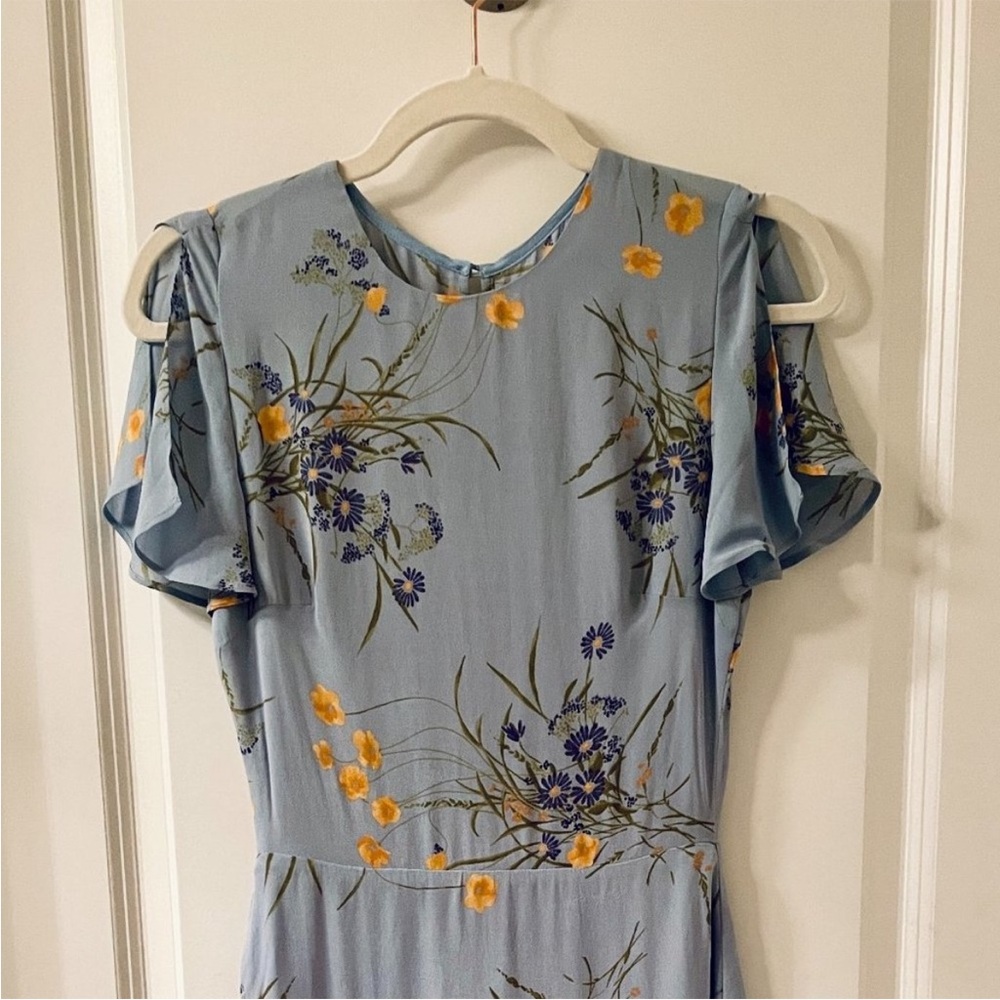 Reformation Light Blue Floral Midi Dress with Yellow & Purple Blossoms
